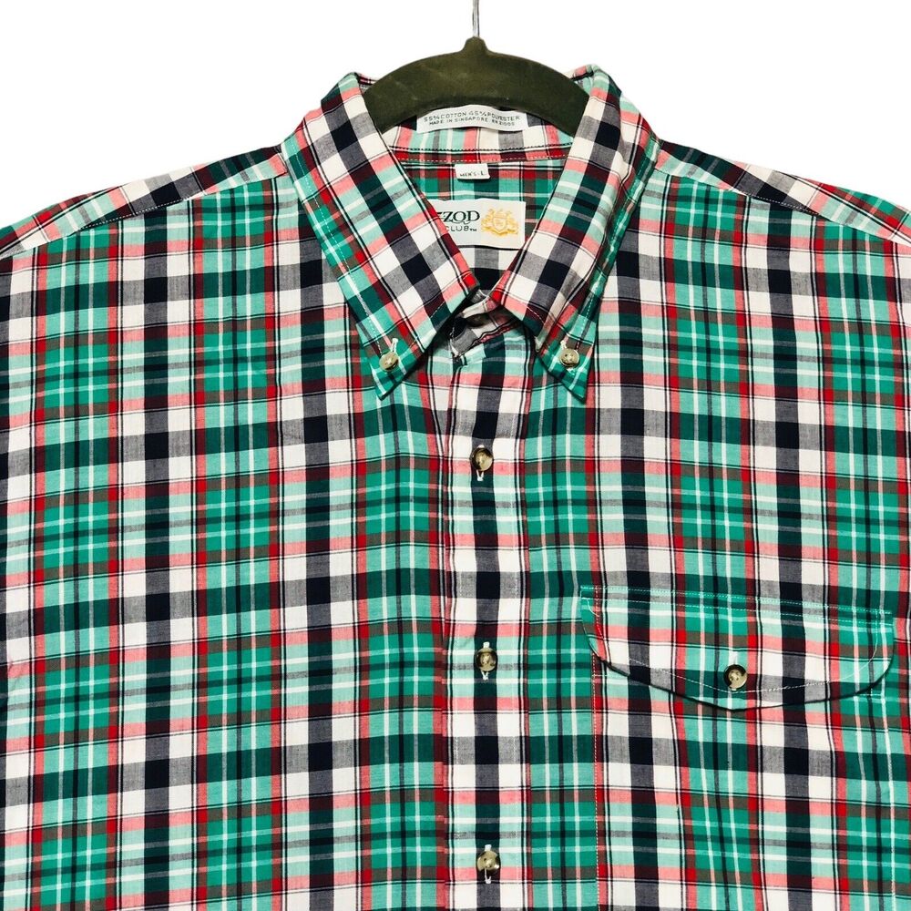 Y2K IZOD Club Mens Large Short Sleeve Casual Button Up Shirt Green Plaid Preppy